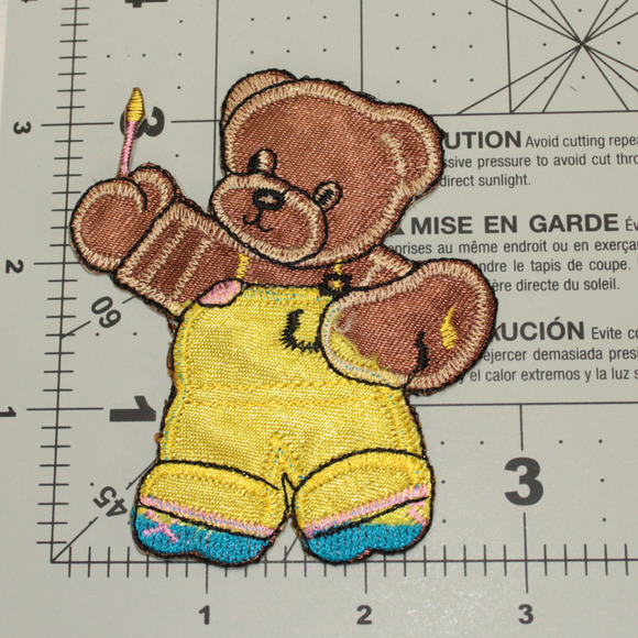 Vintage Large Satin Teddy Painter Bear Yellow Iron On Patch Applique 1970s - Picture 2 of 2